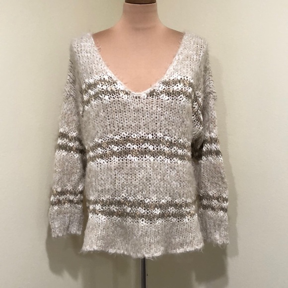 Free People Linus Eyelash Sweater Size Small Cream Tan Striped Pullover - Picture 2 of 9